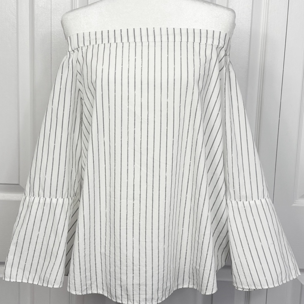 NWT Calvin Klein Jeans White Stripe Off Shoulder Bell Sleeve Blouse XL